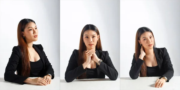 コラージュハーフボディ20代アジアビジネスの肖像女性黒長いストレート髪の黒のスーツを身に着けている 女性の表情は笑顔幸せと白の上にスマートです背景孤立 — ストック写真