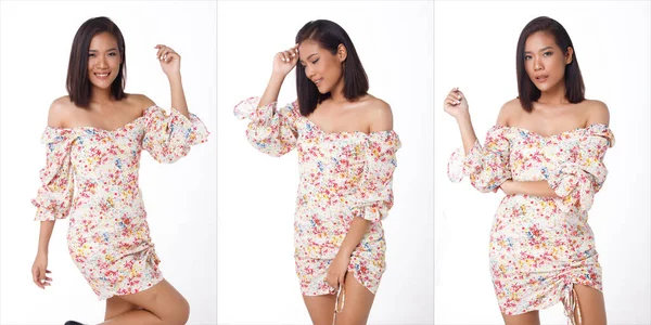 20 'li yaşlarda, Asyalı güzel bir kadının vücut portresi. Kısa siyah, bronz tenli. Çiçek desenli, güzel elbise giyiyor.