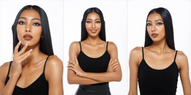 Collage Half body of 20s Asian woman tanned skin black long straight hair with happy smile wear black vast. Honey skin female express feeling luxury over white background isolated