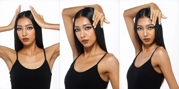 Collage Half Body 20S Asian Woman Tanned Skin Black Long — Stockfoto