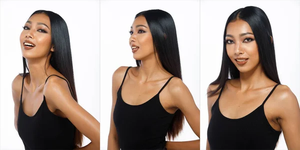 Collage Half Body 20S Asian Woman Tanned Skin Black Long — Stockfoto