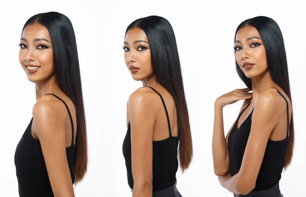 Collage Half Body 20S Asian Woman Tanned Skin Black Long — Stock fotografie