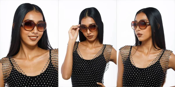 Collage Half Body 20S Asian Woman Tanned Skin Black Long — Stockfoto