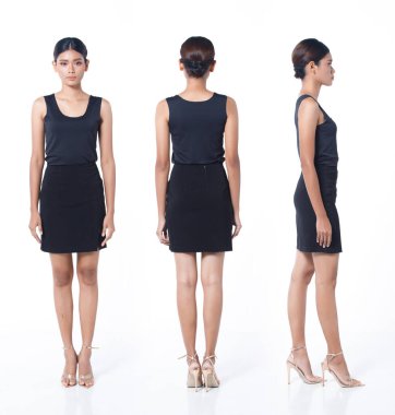 Kolaj Grubu 20 'li yaşlarda, Asya' lı siyah saçlı, geniş etekli ve yüksek topuklu ayakkabılı kadın figürü. Kadın dikilir ve döner 360 arka görünüm beyaz arka plan izole