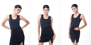 Kolaj Grubu, 20 'li yaşlarda, Asyalı bir kadının yarı vücut figürü. Siyah, uzun düz saçlı, geniş etekli ve yüksek topuklu ayakkabılı. Mutlu gülümseme hisseden kadın dışa kapalı beyaz arkaplan üzerinde poz verir