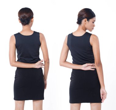 Kolaj Grubu, 20 'li yaşlarda, Asyalı bir kadının yarı vücut figürü. Siyah, uzun düz saçlı, geniş etekli ve yüksek topuklu ayakkabılı. Beyaz arkaplan üzerinde arka taraf biçimini göstermek için kadın geri dönüyor izole edilmiş