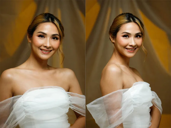 Metade Corpo 20S Asiático Mulher Bonita Usar Vestido Branco Envolto — Fotografia de Stock