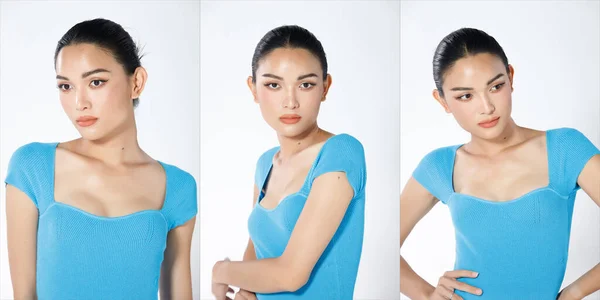 Beleza Cara Tiro 20S Mulher Asiática Preto Cabelo Azul Vestido — Fotografia de Stock