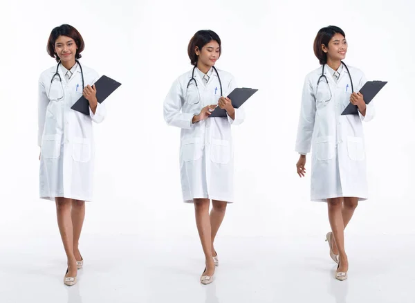 Full Längd Talet Ung Asiatisk Läkare Kvinna Bära Stetoskop Enhetlig — Stockfoto