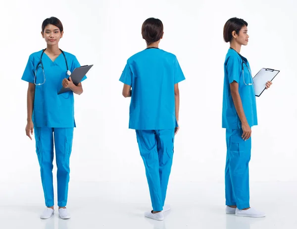 Full Length 20S Young Asian Nurse Woman Wear Stethoscope Blue — Stock Photo, Image