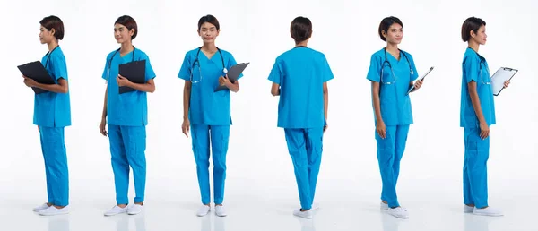 Pełna Długość 20S Młoda Azjatycka Pielęgniarka Kobieta Nosi Stetoskop Niebieski — Zdjęcie stockowe