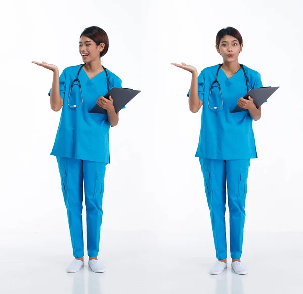 Pleine Longueur 20S Jeune Asiatique Infirmière Femme Porter Stéthoscope Uniforme — Photo