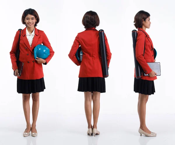 Молода Азійська Інженерна Архітекторка Жінка Носить Твердий Капелюх 360 Передня — стокове фото