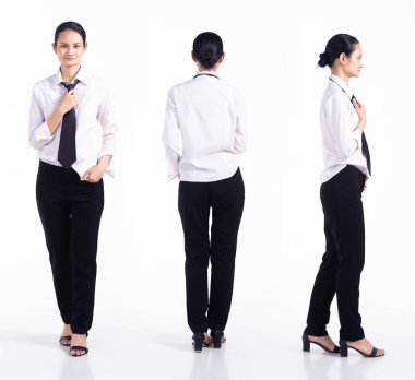 20 'li yaşlarda genç Mix Yarış Kadını barmen çalışanı, 360 ön arka dikiz aynası, resmi kravat ve gömlek giyiyor. Ofisteki kadın, beyaz arka planda kendini yalnız hissediyor