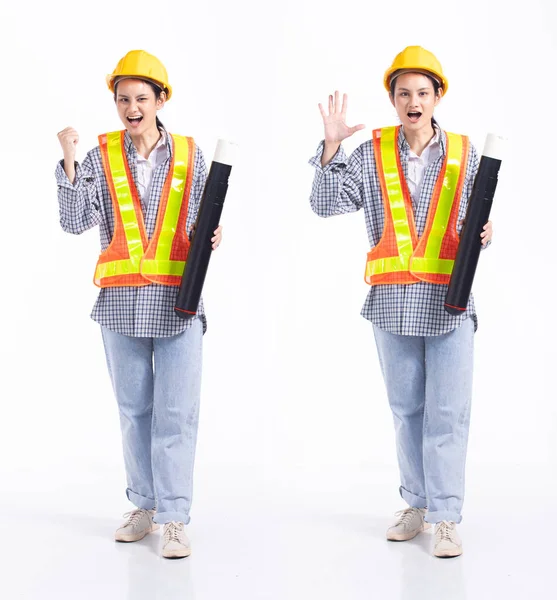 Full Length 20S Young Mix Race Engineer Contractor Woman Wow — Stock Photo, Image