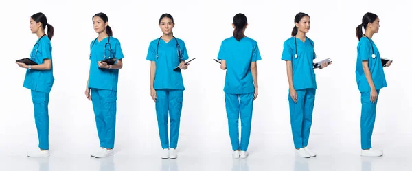 Full Längd Talet Ung Asiatisk Kvinna Klinik Sjuksköterska 360 Framsidan — Stockfoto