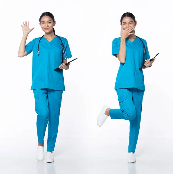 Full Längd Talet Ung Asiatisk Kvinna Klinik Sjuksköterska Wow Överraskning — Stockfoto