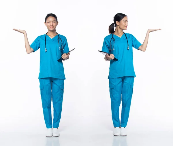 Full Length 20S Young Asian Woman Clinic Nurse Showing Empty — Stock Photo, Image