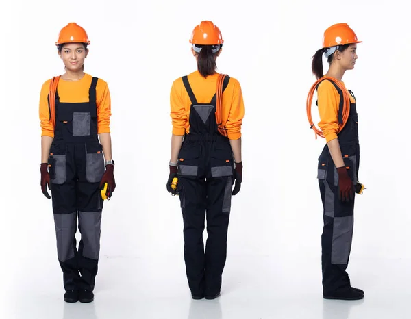Full Length 20S Young Asian Woman Contractor Electrician 360 Front — Stock Photo, Image