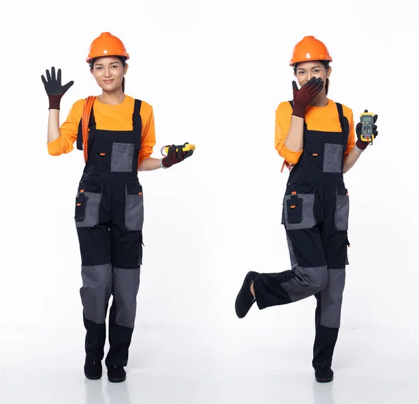 Full Length 20S Young Asian Woman Contractor Electrician Wow Surprise — Stock Photo, Image