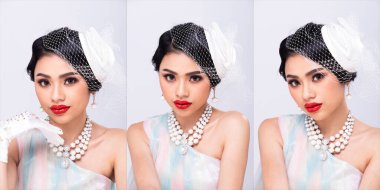 20 'li yaşlardaki genç Asyalı güzel kadın, kameraya bak, Sequin Akşam Elbisesi' nin topuklu ayakkabılarını giy. Beyaz arka planda Pastel uzun balo elbisesi giymiş kadın pozları.