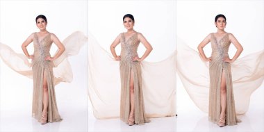 20 'li yaşlarda genç, Asyalı güzel bir kadın, kameraya bak, Sequin Evening marka yüksek topuklu ayakkabılar giy. Beyaz arka planda Pastel uzun balo elbisesi giymiş kadın pozları.