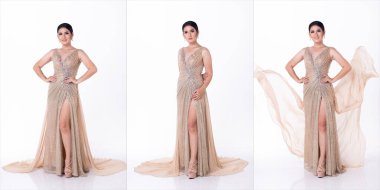 20 'li yaşlarda genç, Asyalı güzel bir kadın, kameraya bak, Sequin Evening marka yüksek topuklu ayakkabılar giy. Beyaz arka planda Pastel uzun balo elbisesi giymiş kadın pozları.