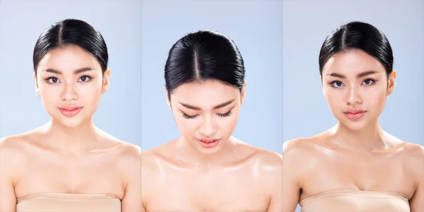 아름다운 아시아 여성의 초상화 사진입니다 어깨를 벌리고 카메라를 피부에 흘리고 — 스톡 사진