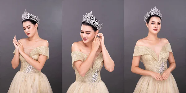 Medio Cuerpo Joven Mujer Asiática Adulta Mira Cámara Miss Concurso — Foto de Stock