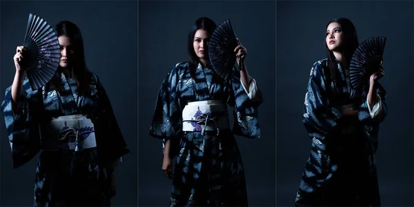 대젊은 아시아 패션의 절반은 스트레스를 느끼는 일본의 기모노를 어두운 조명을 — 스톡 사진