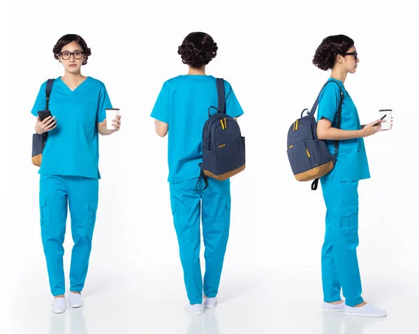 Full Längd Tal Asiatisk Kvinna Sjuksköterska Med Glasögon 360 Framsidan — Stockfoto