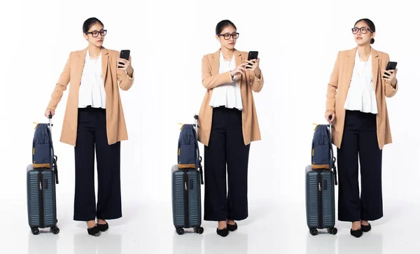 Full length 30s 40s Asian Pregnancy Woman business trip, working hard thinking, wear formal blazer pant shoes. Smile Office female carry backpack luggage phone over white background isolated