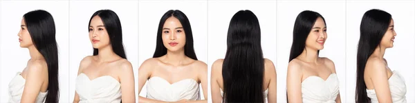 아시아 여성의 카메라를 아름다운 어깨를 미소를 지으면서 배경에 머리를 있으면 — 스톡 사진