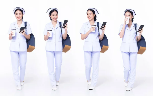 Full Length 30S 20S Asian Woman Nurse Hospital Walking Forward — Stock Photo, Image