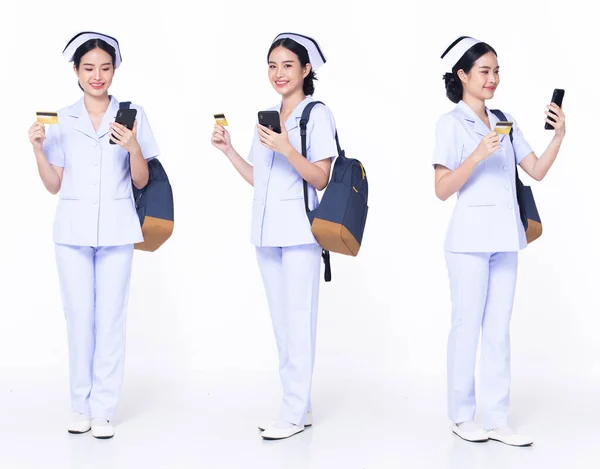 Full Length 30S 20S Asian Woman Nurse Hospital Shopping Online — Stock Photo, Image