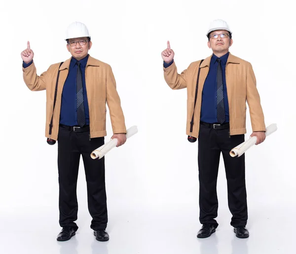 Pełna Długość 60S Azjatycki Starszy Inżynier Biznesu Architekt Wskazując Palcem — Zdjęcie stockowe