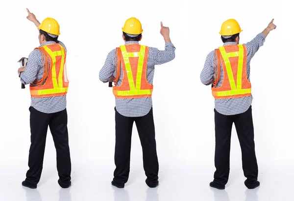 Full length 60s 50s Asian Senior man industry engineer contractor, pointing finger up in Air, wear yellow safety hardhat. Confident factory male stand gloves hammer over white background isolated