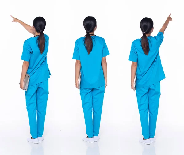 Повна Довжина Азіатських Жінок Хірург Науковець Доктор Вказуючи Пальцем Вгору — стокове фото