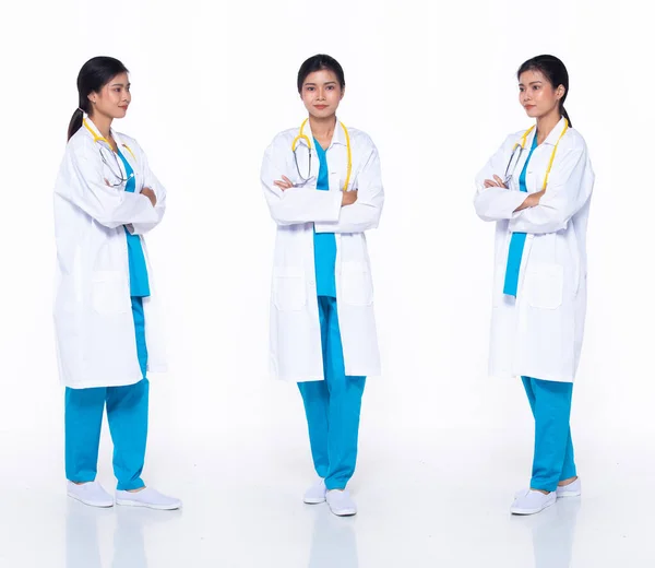 Full length 30s Asian Woman scientist surgeon Doctor, cross arms confident, wear uniform dress. Black hair hospital female feel happy smile wellness over white background isolated
