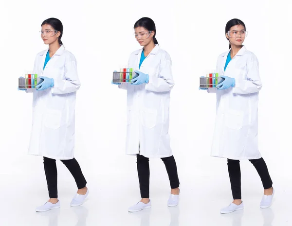 Pełna Długość 30S Azji Kobieta Naukowiec Nauka Lekarz Idąc Przodu — Zdjęcie stockowe