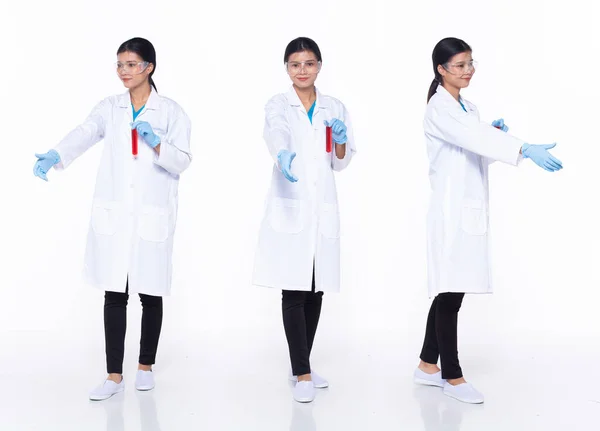 Comprimento Total 30S Asian Woman Cientista Ciência Doutor Agitando Ato — Fotografia de Stock