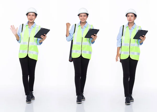 Full length 30s Asian Woman engineer architect business client, wow surprise glad shock, wear safety gear dress. Black hair contractor female feel happy smile wellness over white background isolated