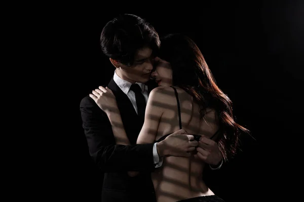 Young Couple Embraces Love Business Man Try Untie Lingeries Bra — Foto Stock
