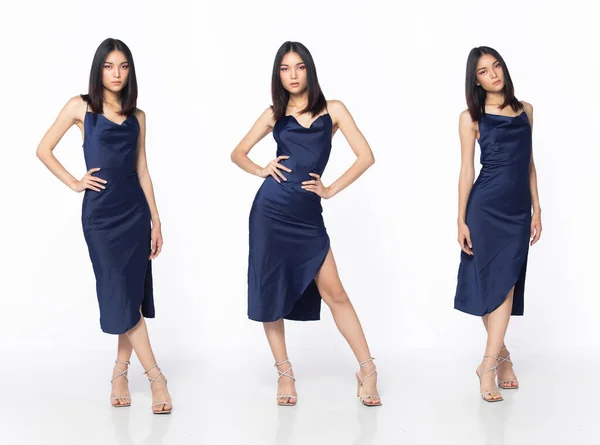 Full Length Body Asian Beautiful Woman Wear Blue Evening Sequin — 스톡 사진