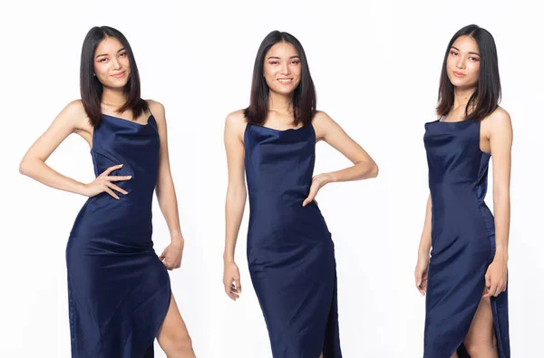 Metade Corpo Mulher Bonita Asiática Usar Vestido Lantejoulas Noite Azul — Fotografia de Stock