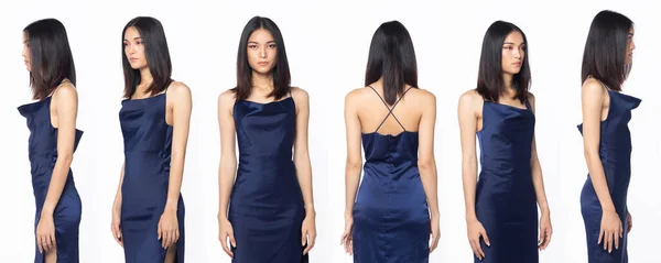 Half Body Asian Beautiful Woman Wear Blue Evening Sequin Gown — Stockfoto