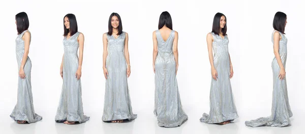 Full Length Body Asian Beautiful Woman Wear Blue Gray Evening — Stock Photo, Image