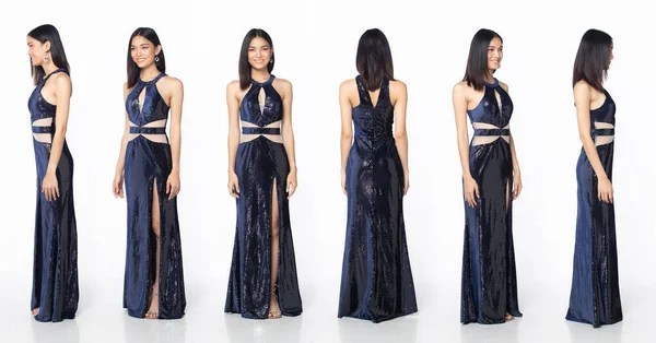 Full Length Body Asian Beautiful Woman Wear Blue Evening Sequin — Stockfoto