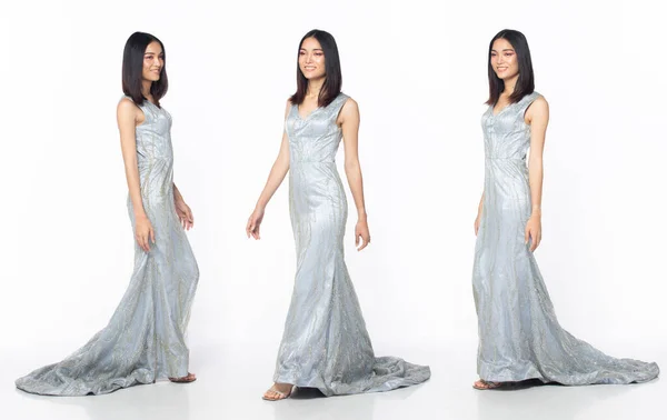 Full Length Body Asian Beautiful Woman Wear Blue Grey Evening — Φωτογραφία Αρχείου