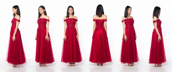 Πλήρες Μήκος Σώματος Της Ασιατικής Όμορφη Γυναίκα Φορούν Κόκκινο Φόρεμα — Φωτογραφία Αρχείου